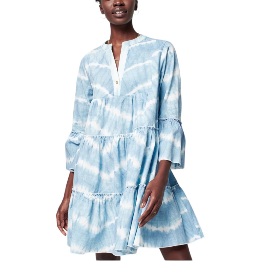FAHERTY Vida Tie Dye Tiered Ruffle Dress in Faded Blue Dye Size Medium NWT